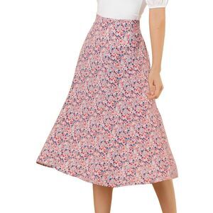 Women's Floral Midi Skirt Peasant Elastic Waist A-Line Ditsy Leave Print Pink